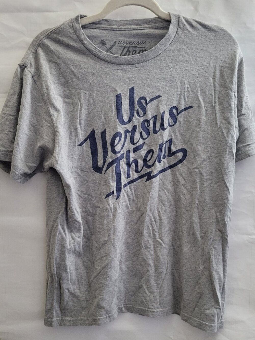 Us Versus Them Logo T-Shirt Grey Navy Short Sleeve: Unisex Medium